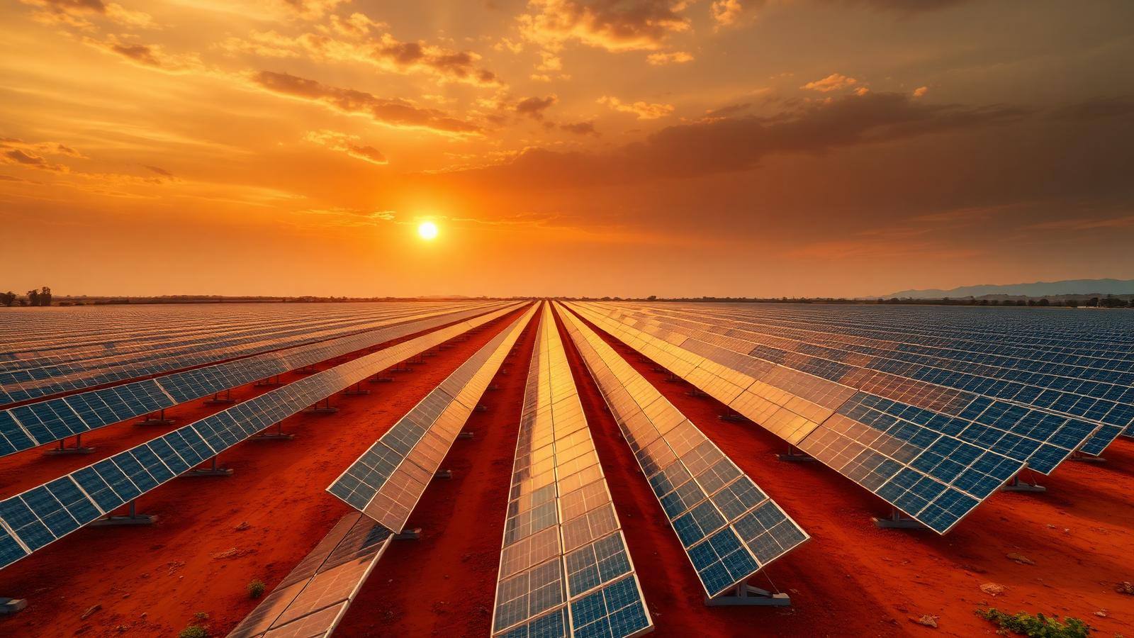 Utility-scale solar farm in West Africa at golden hour